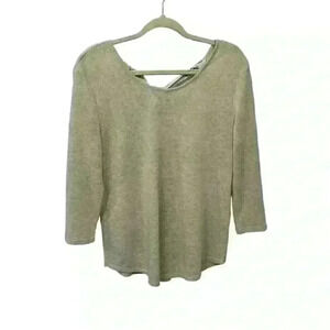 NY & Co Womens M Beige Lightweight Sweater 3/4 Sleeve Poly/Rayon Satin Tie Back